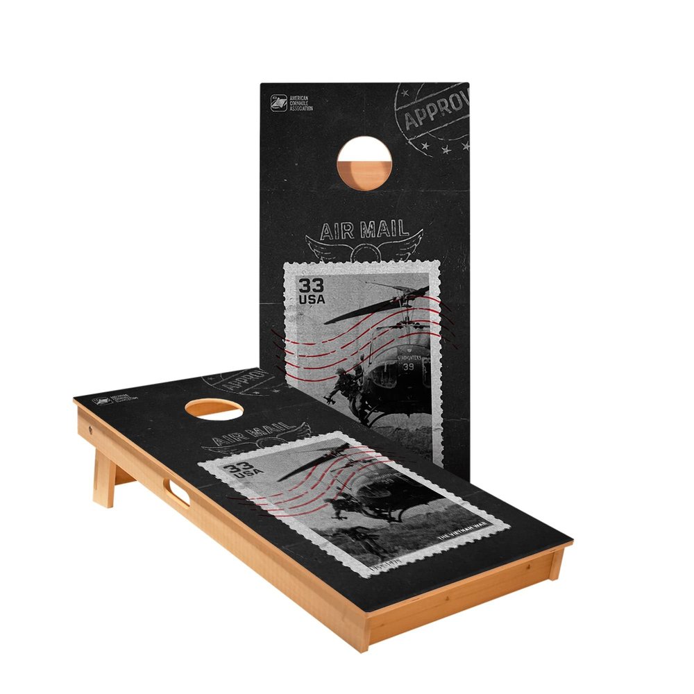 Skip's Garage Airmail Stamp Cornhole Boards - Includes (2) Boards (NO Bags) + (1) Case & (2) Hole Lights