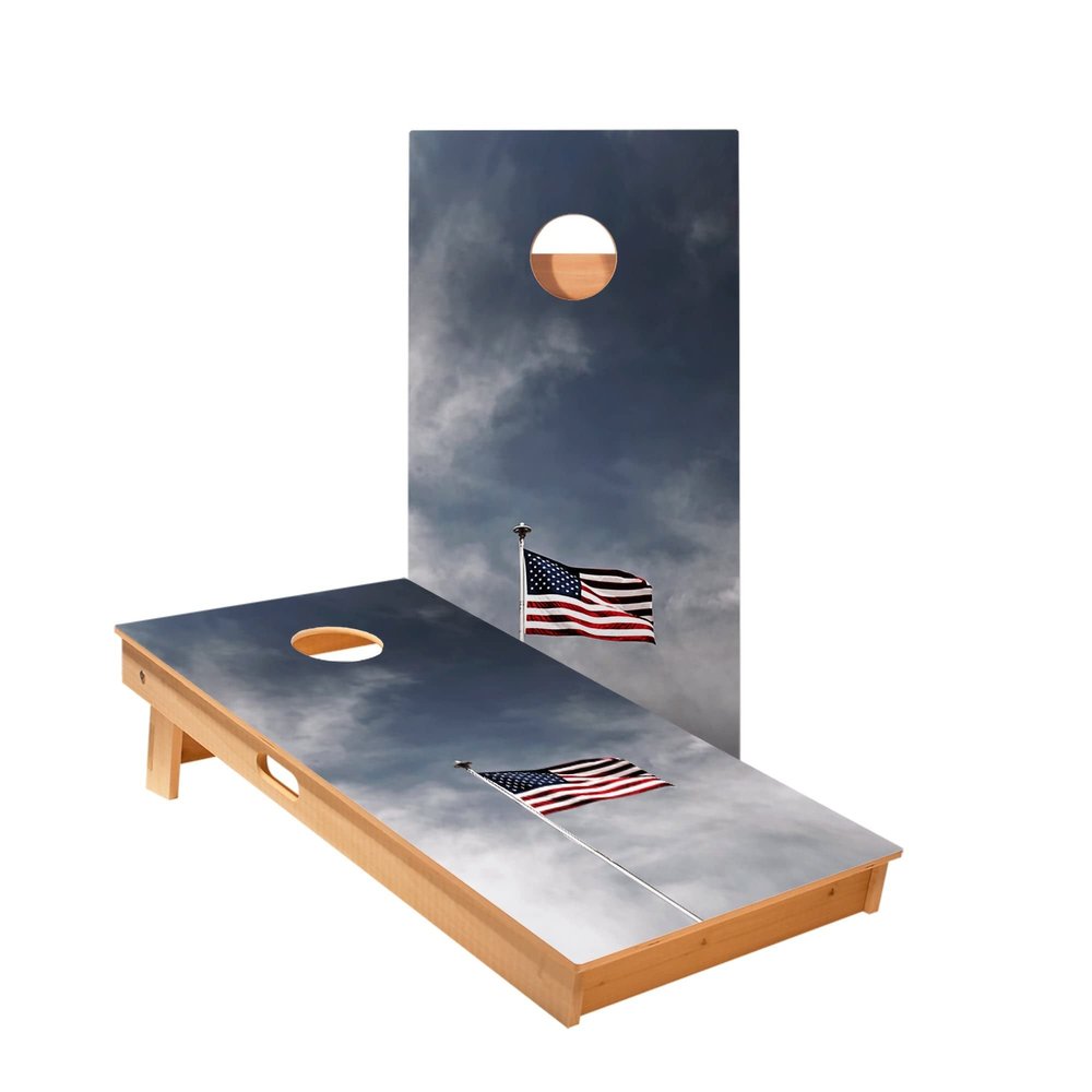 Skip's Garage American Flag Pole Cornhole Boards - Includes (2) Boards (NO Bags) + (1) Carry Case, (2) Hole Lights & (2) Edge Lights