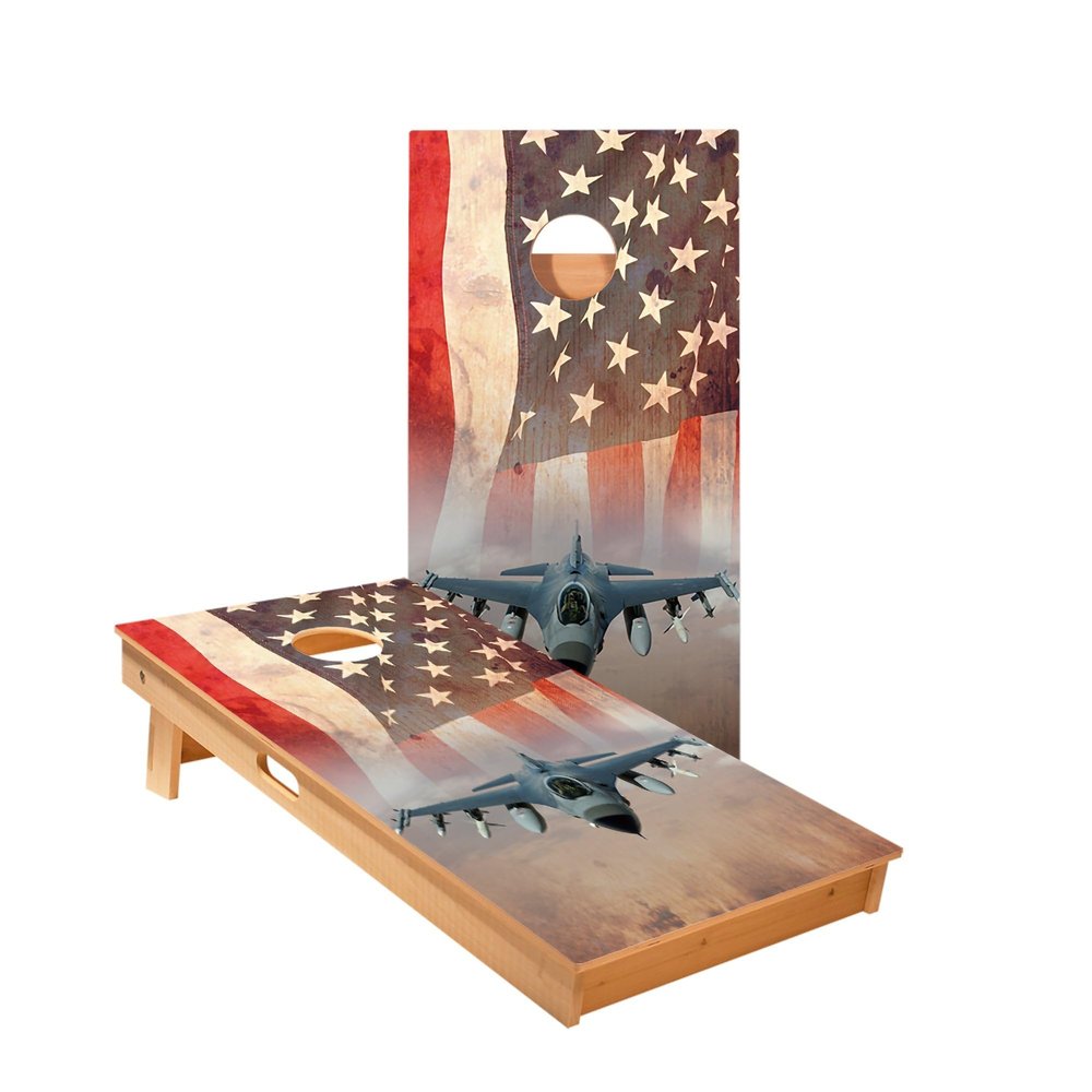 Skip's Garage American Flag with Jet Cornhole Boards - Includes (2) Boards (NO Bags) + (2) Board Edge Lights