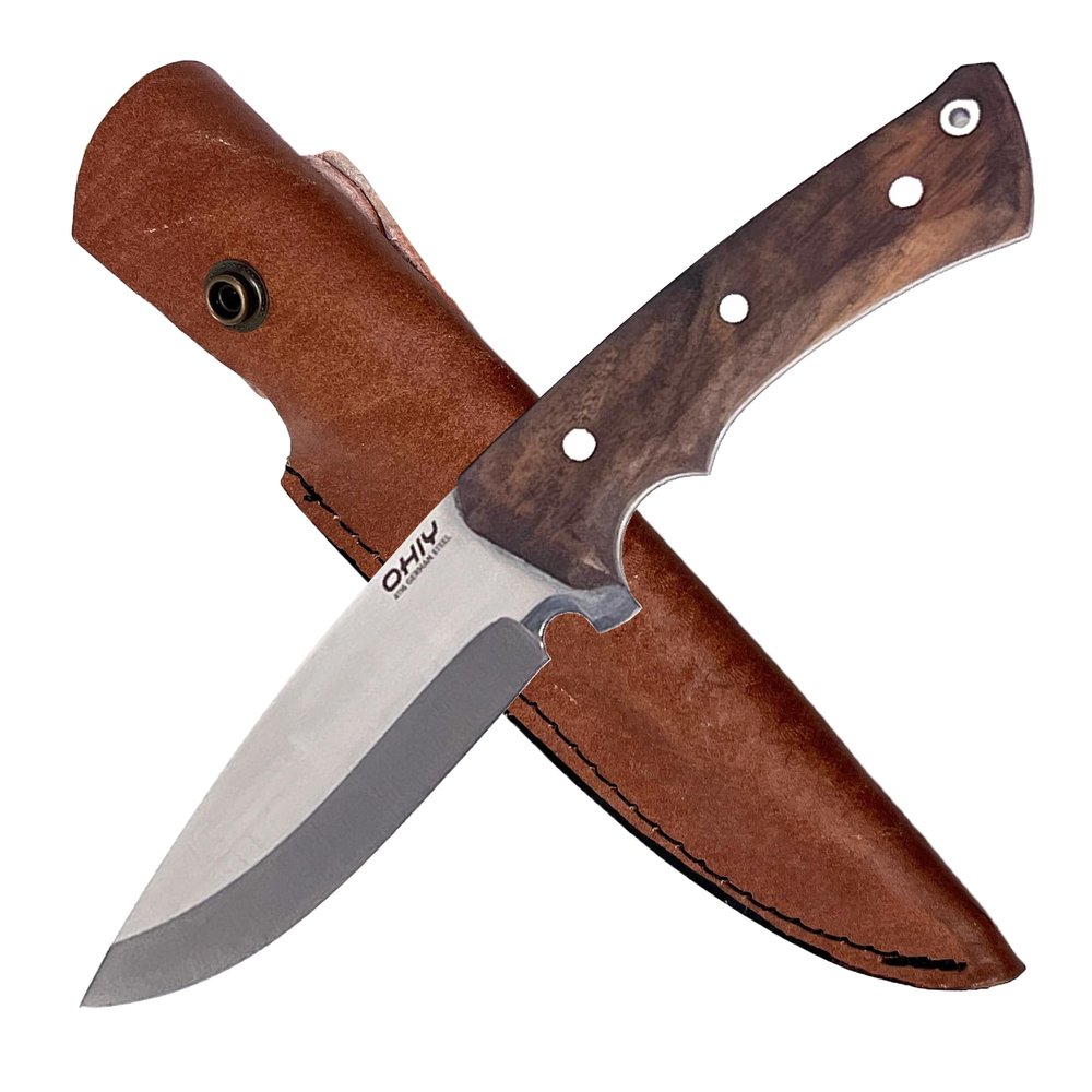 OHIY Handmade Bushcraft Knife with 4-1/2" Stainless 4116 German Steel Blade, Genuine Leather Sheath, Full Tang Walnut Handle