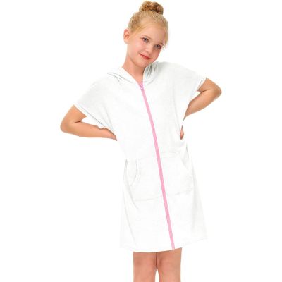 Kid's Zip Up Terrys Hooded Coverups Swim Beach Cover Up Cotton Summer Short Sleeve Bathing Suit (White, 8-9 Years)