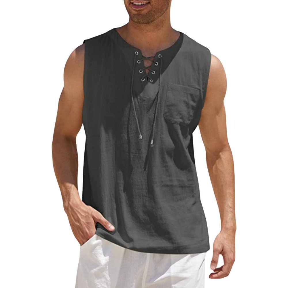 Maiyifu-GJ Men's Casual Cotton Linen Tank Top Sleeveless Lace Up Beach Hippie Tee Fashion V Neck Baggy T Shirt (Dark Gray 2,US SIZE S Asia M)