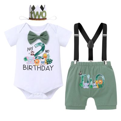 Wild One Birthday Outfit Boy Baby Toddler 2nd Second Birthday Cake Smash Two Years Old Jungle Safari Theme Party Woodland Zoo Animal Print Romper Shorts Suspenders Crown Hat 4pcs Bean Green 18-24M