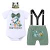 Wild One Birthday Outfit Boy Baby Toddler 2nd Second Birthday Cake Smash Two Years Old Jungle Safari Theme Party Woodland Zoo Animal Print Romper Shorts Suspenders Crown Hat 4pcs Bean Green 18-24M view 1