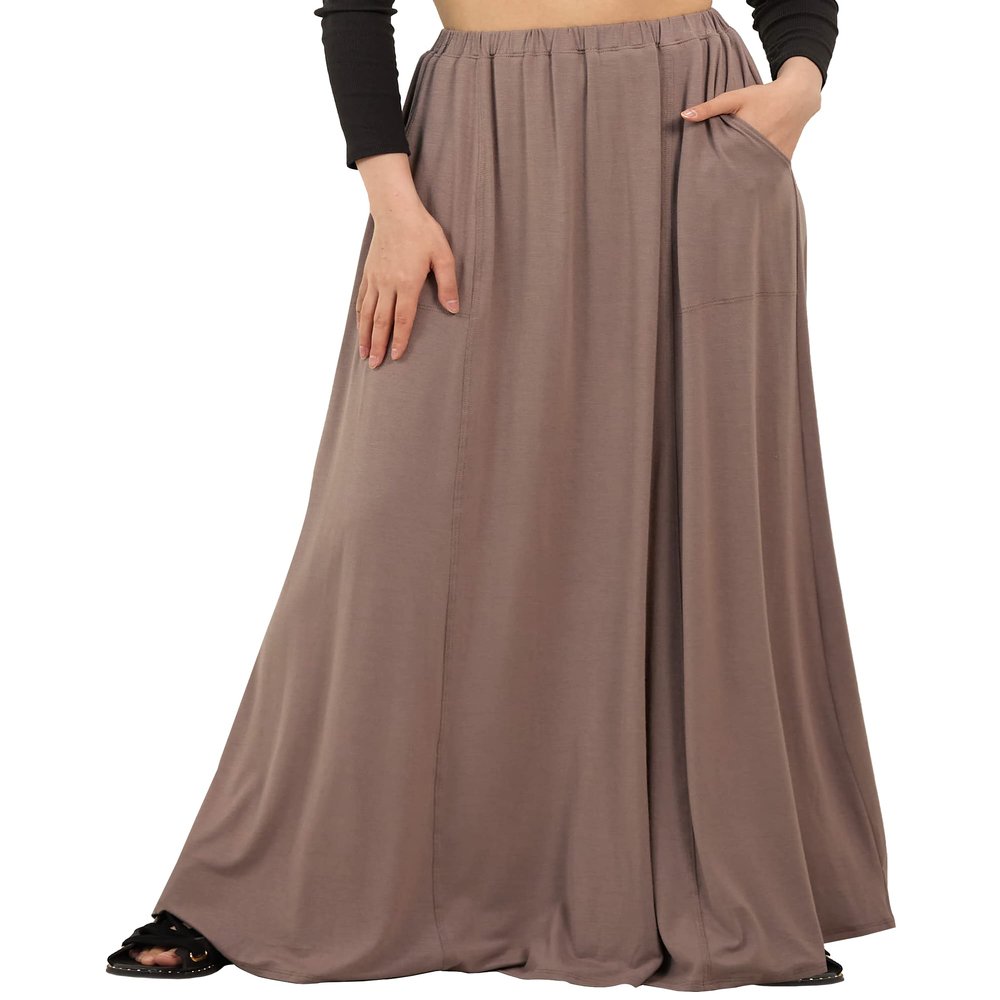 noflik Women's Boho Elastic High Waisted Flowy Long Maxi Skirts with Pockets (Mocha, M)
