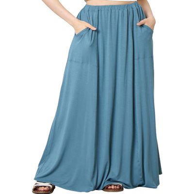 noflik Women's Boho Elastic High Waisted Flowy Long Maxi Skirts with Pockets (Vintage Blue, L)
