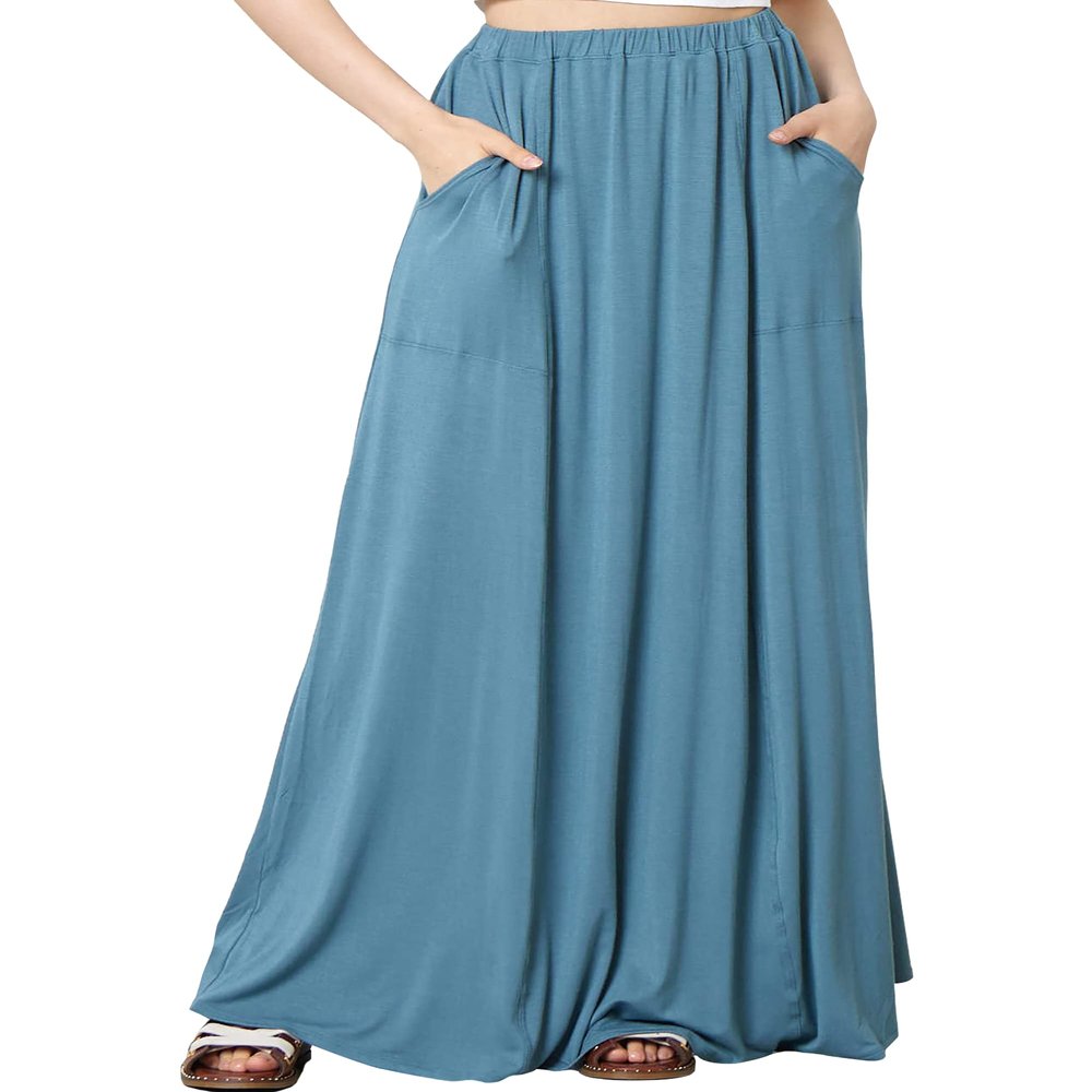noflik Women's Boho Elastic High Waisted Flowy Long Maxi Skirts with Pockets (Vintage Blue, L)
