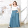 noflik Women's Boho Elastic High Waisted Flowy Long Maxi Skirts with Pockets (Vintage Blue, L) view 2