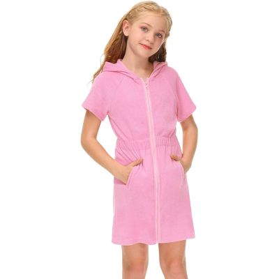 Girl's Swimsuit Zip Up Terrys Cover Up Hooded Bathrobe with Pockets Short Sleeve Bathing Suit Beach (Pink, 8-9 Years)