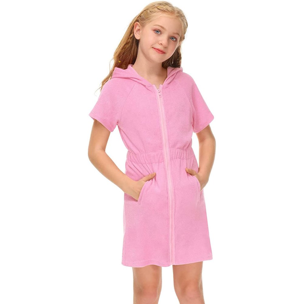 Girl's Swimsuit Zip Up Terrys Cover Up Hooded Bathrobe with Pockets Short Sleeve Bathing Suit Beach (Pink, 8-9 Years)