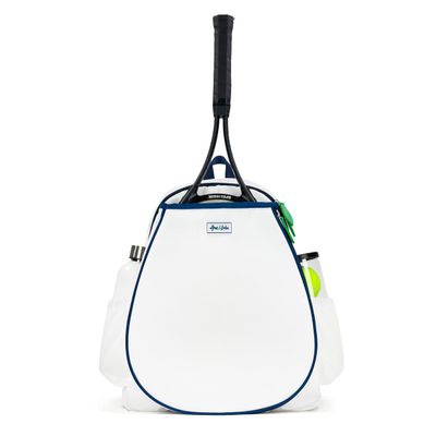Ame & Lulu Game On Tennis Backpack - Contains Padded & Adjustable Straps - Two Exterior Water Bottle Pockets - White/Navy/Green
