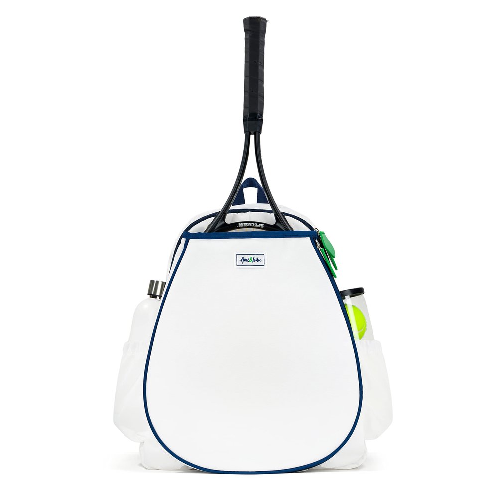 Ame & Lulu Game On Tennis Backpack - Contains Padded & Adjustable Straps - Two Exterior Water Bottle Pockets - White/Navy/Green
