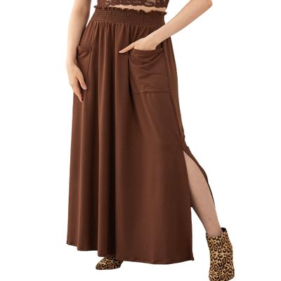 noflik Women's Boho Smocked High Waist Long Maxi Skirt with Oversized Front Patch Pockets (Chocolate, M)