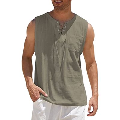 Maiyifu-GJ Men's Casual Cotton Linen Tank Top Sleeveless Lace Up Beach Hippie Tee Fashion V Neck Baggy T Shirt (Camel,US SIZE L Asia XL)