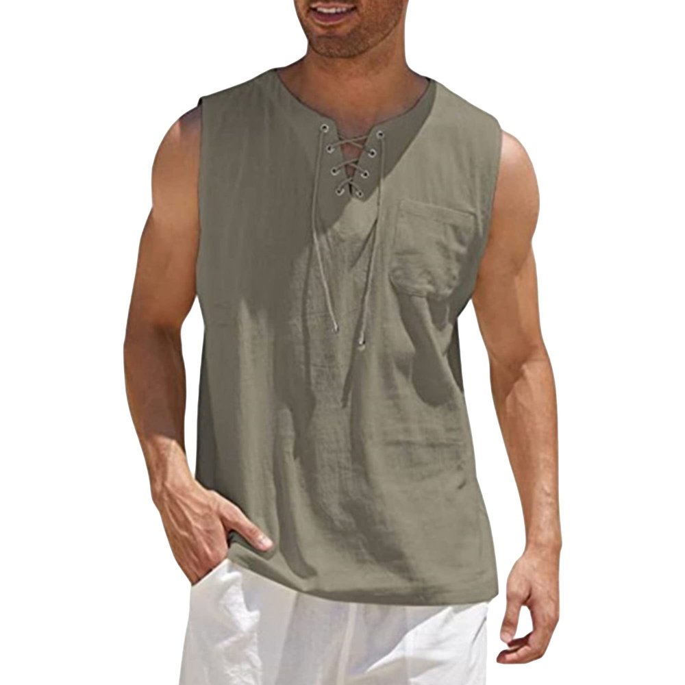 Maiyifu-GJ Men's Casual Cotton Linen Tank Top Sleeveless Lace Up Beach Hippie Tee Fashion V Neck Baggy T Shirt (Camel,US SIZE L Asia XL)
