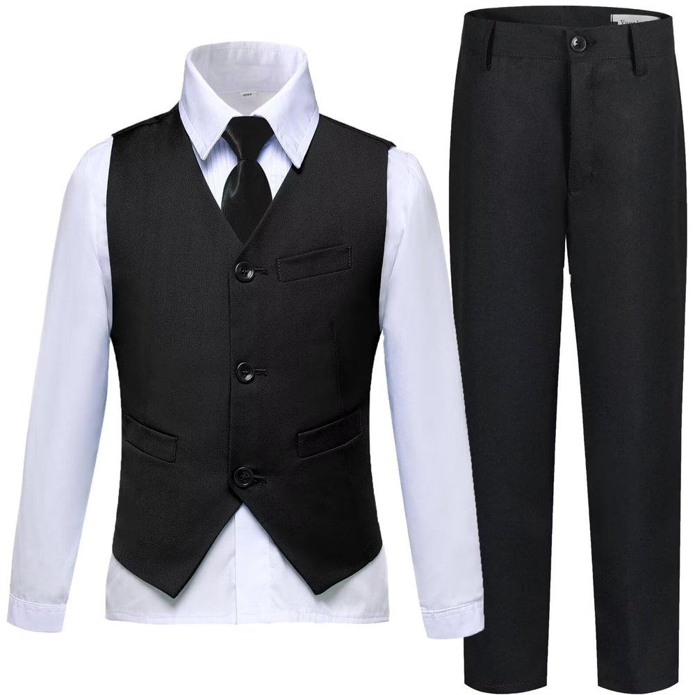 Boys Suit Tuxedo Set Dress Vest Pants Set Kids Black Suits for Boys Ring Bearer Wedding Outfits Size 2T