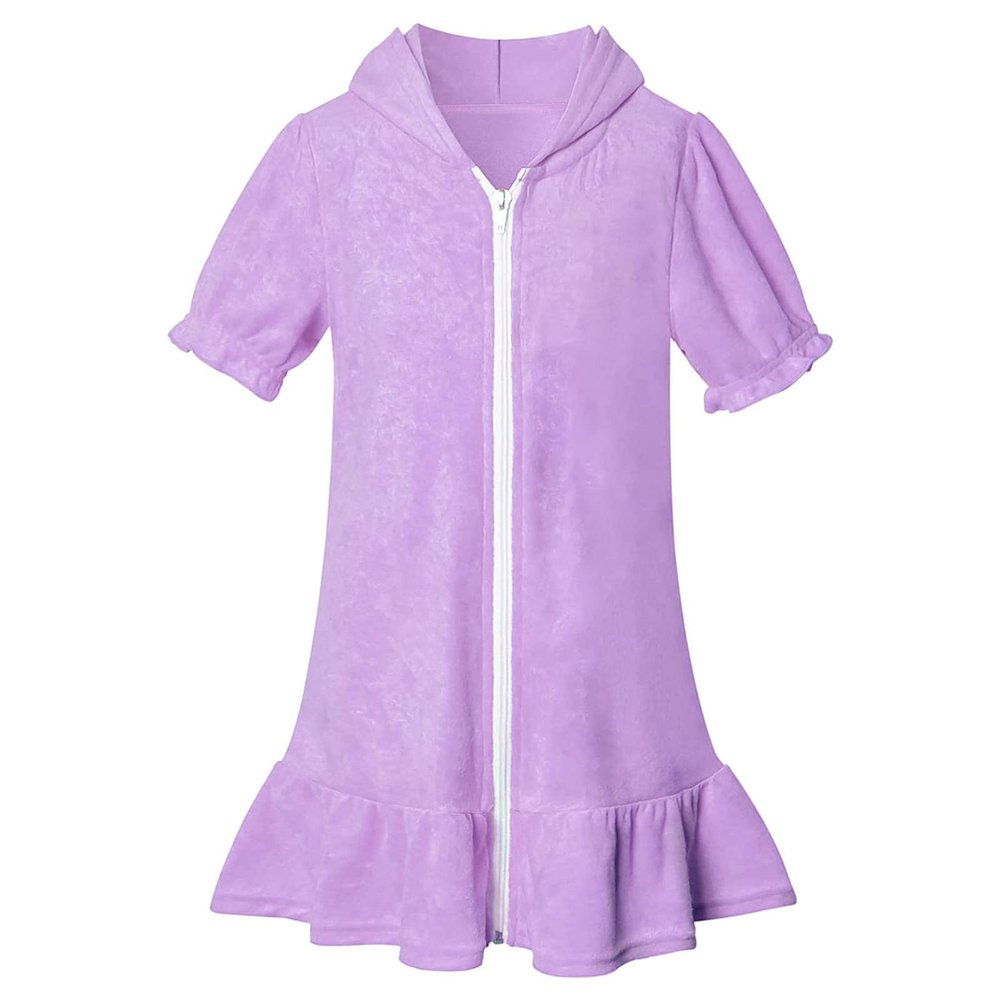 Girls Hooded Zip Terrys Coverups Swim Beach Cover Up Cotton Summer Short Sleeve Bathing Suit (Purple, 10-11 Years)