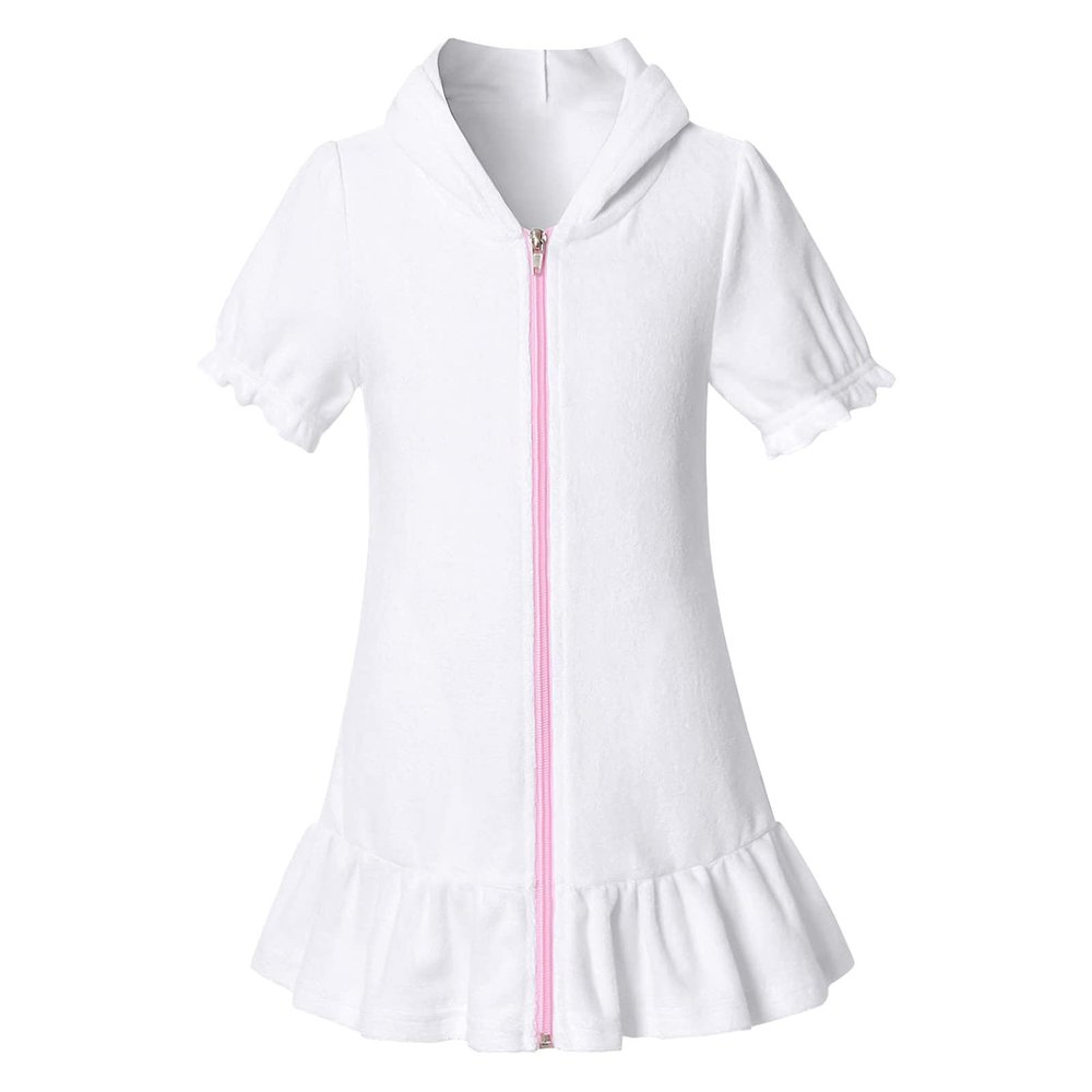 Girls Hooded Zip Terrys Coverups Swim Beach Cover Up Cotton Summer Short Sleeve Bathing Suit (White, 10-11 Years)