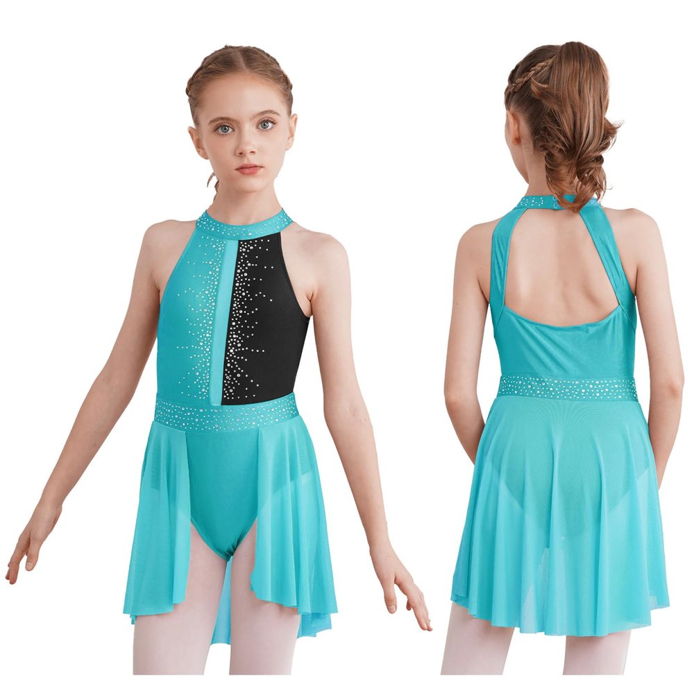 LiiYii Kids Girls Modern Contemporary Ballet Leotard Dress Lyrical Latin Dance Costume Ballerina Dancewear Green&Black 16 Years