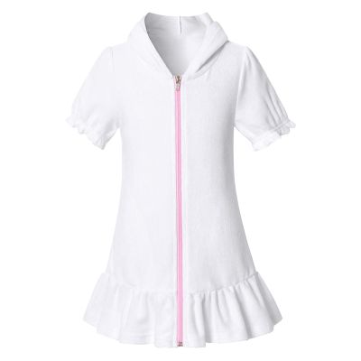 Girls Hooded Zip Terrys Coverups Swim Beach Cover Up Cotton Summer Short Sleeve Bathing Suit Toddler (White, 4-5 Years)