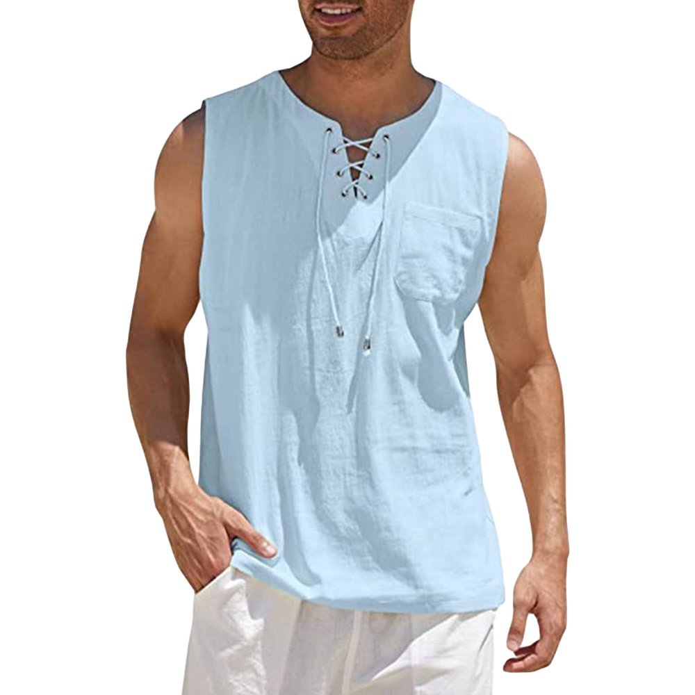 Maiyifu-GJ Men's Casual Cotton Linen Tank Top Sleeveless Lace Up Beach Hippie Tee Fashion V Neck Baggy T Shirt (Light Blue 2,US Size S Asia M)
