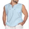 Maiyifu-GJ Men's Casual Cotton Linen Tank Top Sleeveless Lace Up Beach Hippie Tee Fashion V Neck Baggy T Shirt (Light Blue 2,US Size S Asia M) view 2