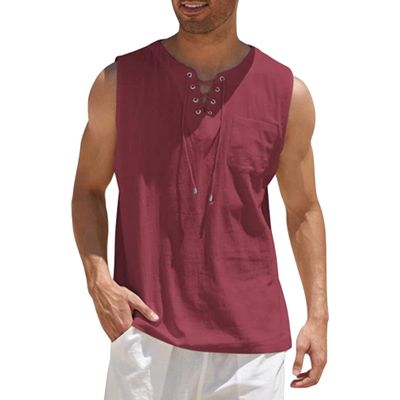 Maiyifu-GJ Men's Casual Cotton Linen Tank Top Sleeveless Lace Up Beach Hippie Tee Fashion V Neck Baggy T Shirt (Wine Red 2,US SIZE XXL Asia 3XL)