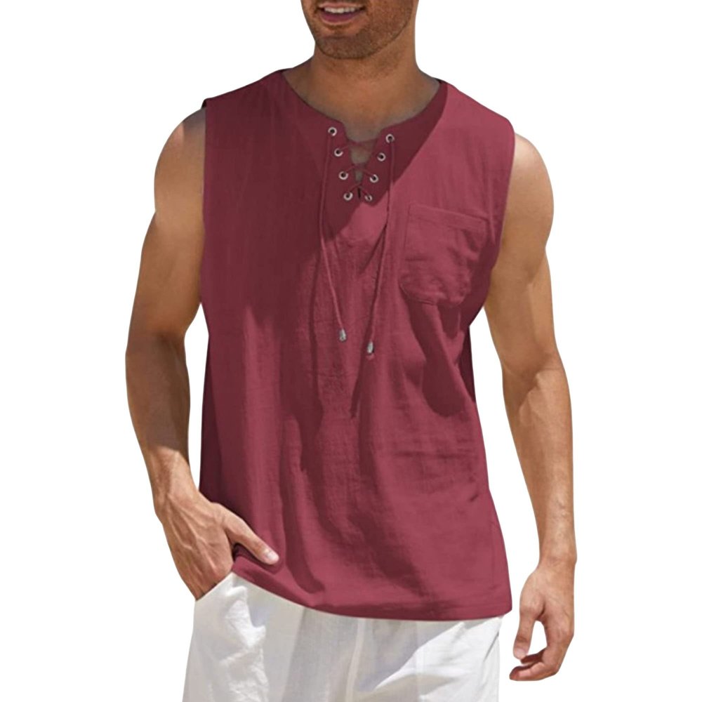 Maiyifu-GJ Men's Casual Cotton Linen Tank Top Sleeveless Lace Up Beach Hippie Tee Fashion V Neck Baggy T Shirt (Wine Red 2,US SIZE XXL Asia 3XL)