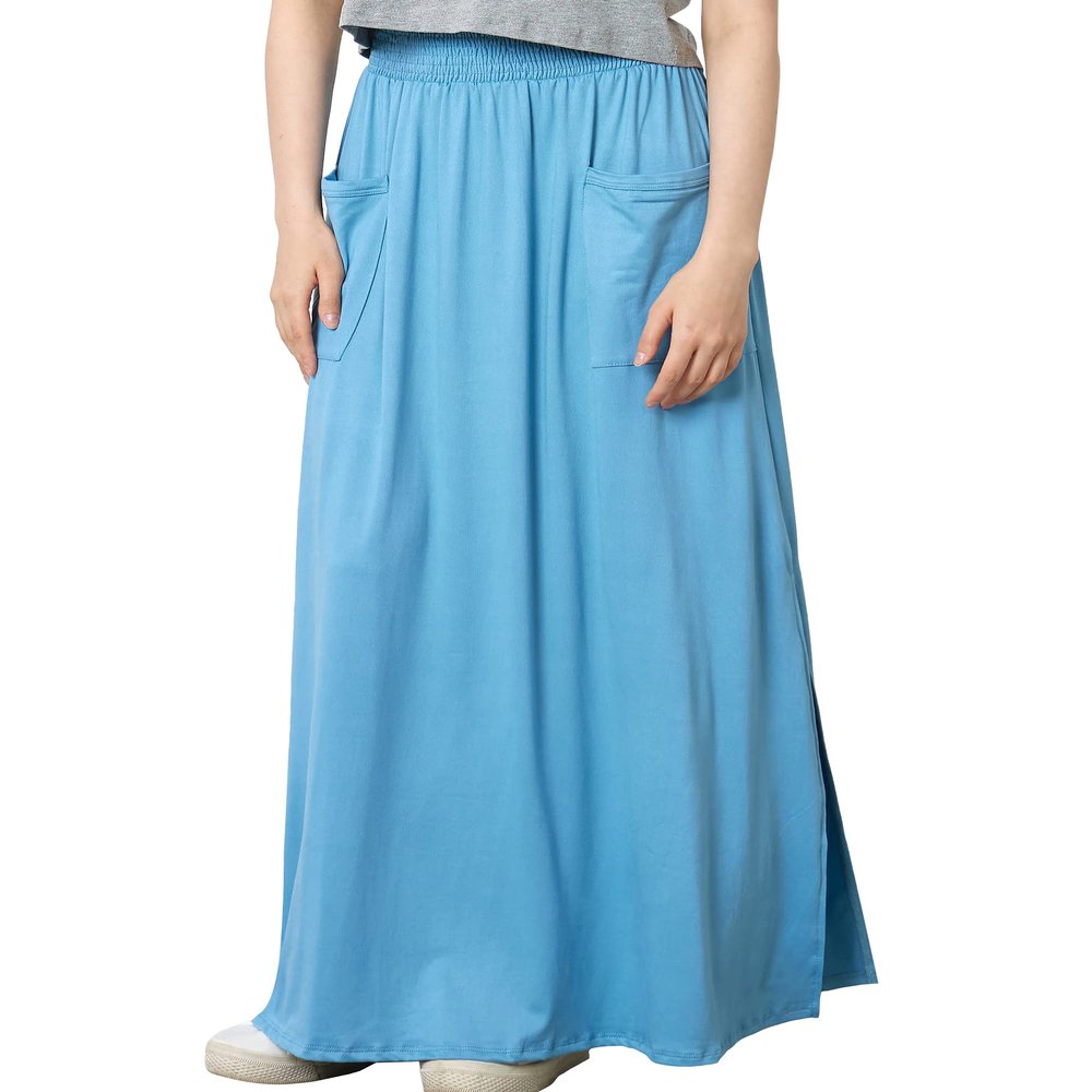 noflik Women's Boho Smocked High Waist Long Maxi Skirt with Oversized Front Patch Pockets (Blue Grey, XXL)