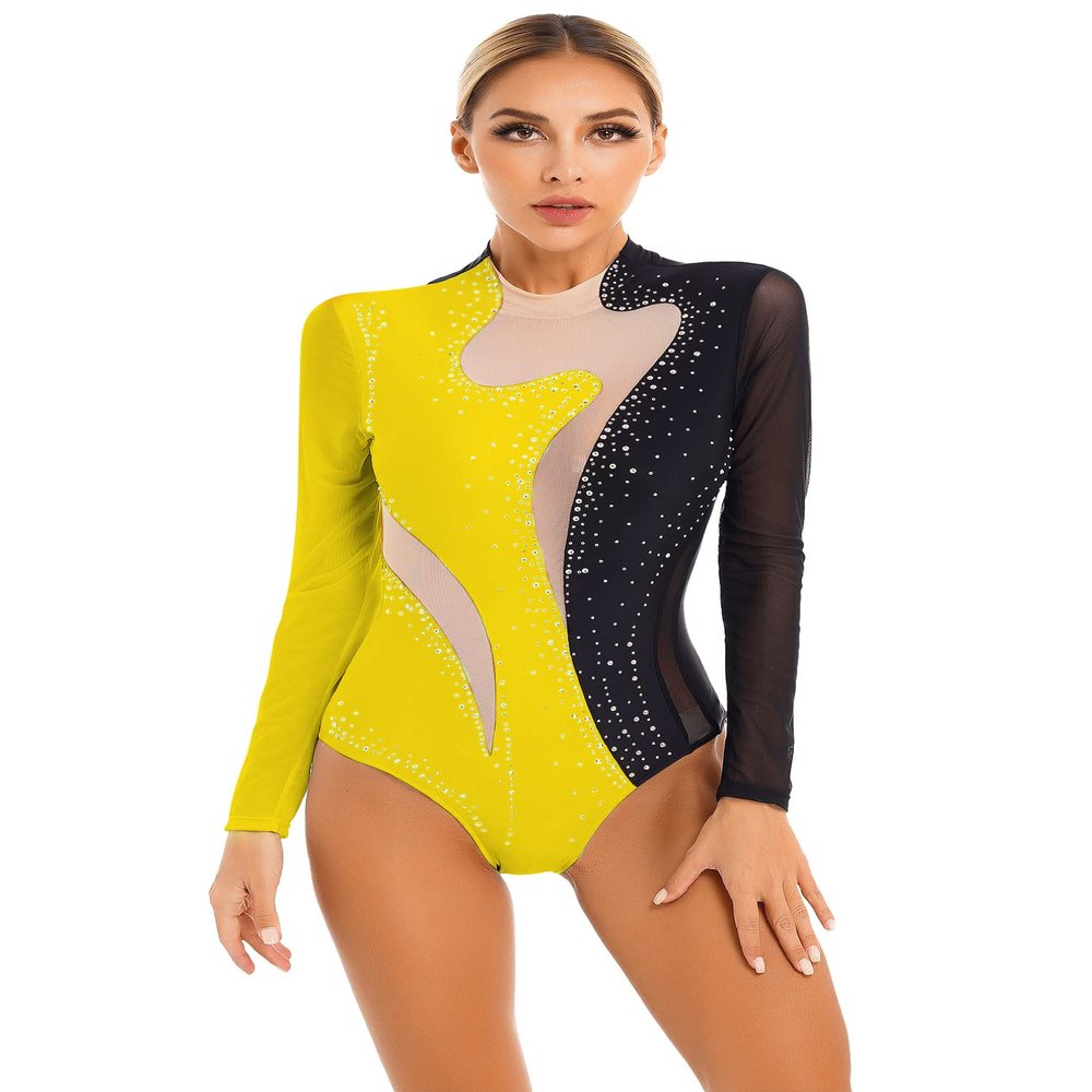 easyforever Womens Shiny Rhinestone Long Sleeve Dance Costume Ballet Dance Leotards Gymnastics Bodysuit Tops Black&Yellow Large