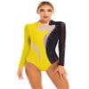 easyforever Womens Shiny Rhinestone Long Sleeve Dance Costume Ballet Dance Leotards Gymnastics Bodysuit Tops Black&Yellow Large view 1