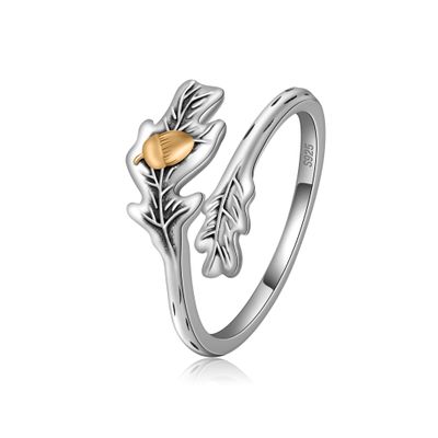 CHIC & ARTSY Sterling Silver Acorn & Oak Leaf Ring - Adjustable, Dainty Finger Ring for Women