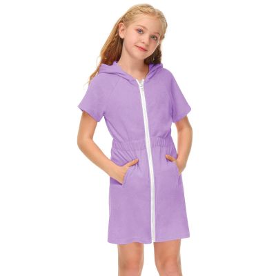 Girl's Swimsuit Zip Up Terrys Cover Up Hooded Bathrobe with Pockets Short Sleeve Bathing Suit Beach (Purple, 4-5 Years)