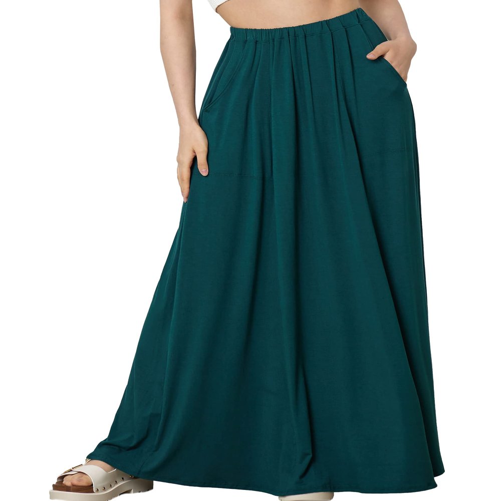 noflik Women's Boho Elastic High Waisted Flowy Long Maxi Skirts with Pockets (Ash Hunter, XL)