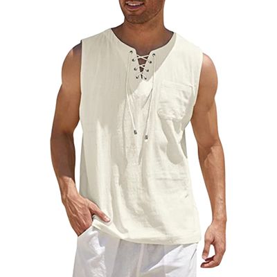 Maiyifu-GJ Men's Casual Cotton Linen Tank Top Sleeveless Lace Up Beach Hippie Tee Fashion V Neck Baggy T Shirt (Apricot,US SIZE S Asia M)
