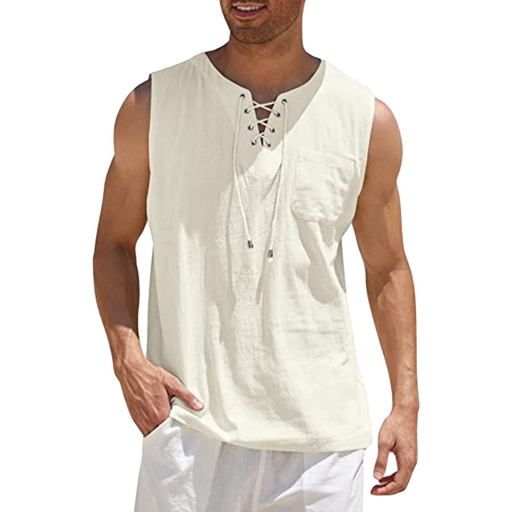 Maiyifu-GJ Men's Casual Cotton Linen Tank Top Sleeveless Lace Up Beach Hippie Tee Fashion V Neck Baggy T Shirt (Apricot,US SIZE S Asia M)