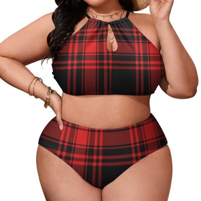 SEPTYK Christmas Tartan Check Scottish Print Women Sexy Bikini 2 PC Plus Size Swimsuits Hollow Out High Neck Bathing Suit 2XL