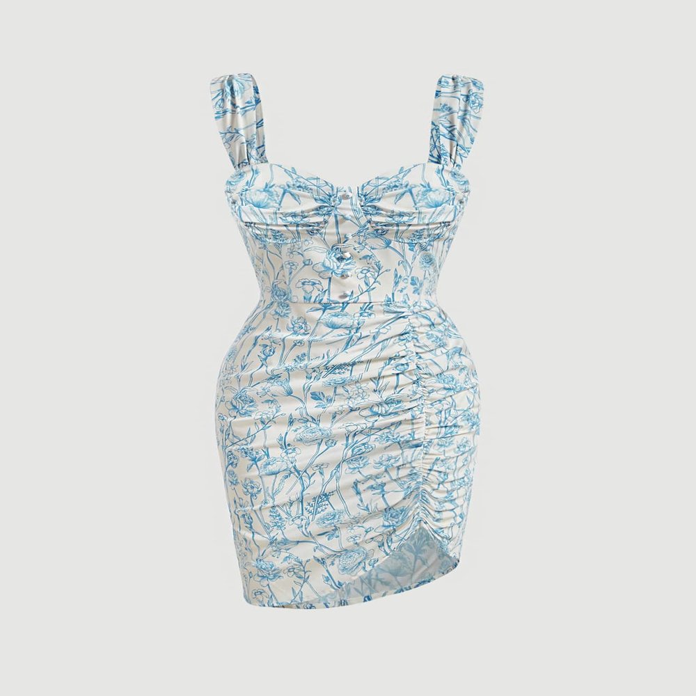 2023 Women's Dresses Allover Floral Print Ruched Bus Button Front Dress Women's Dresses (Color : Blue and White, Size : Medium)