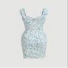 2023 Women's Dresses Allover Floral Print Ruched Bus Button Front Dress Women's Dresses (Color : Blue and White, Size : Medium) view 2