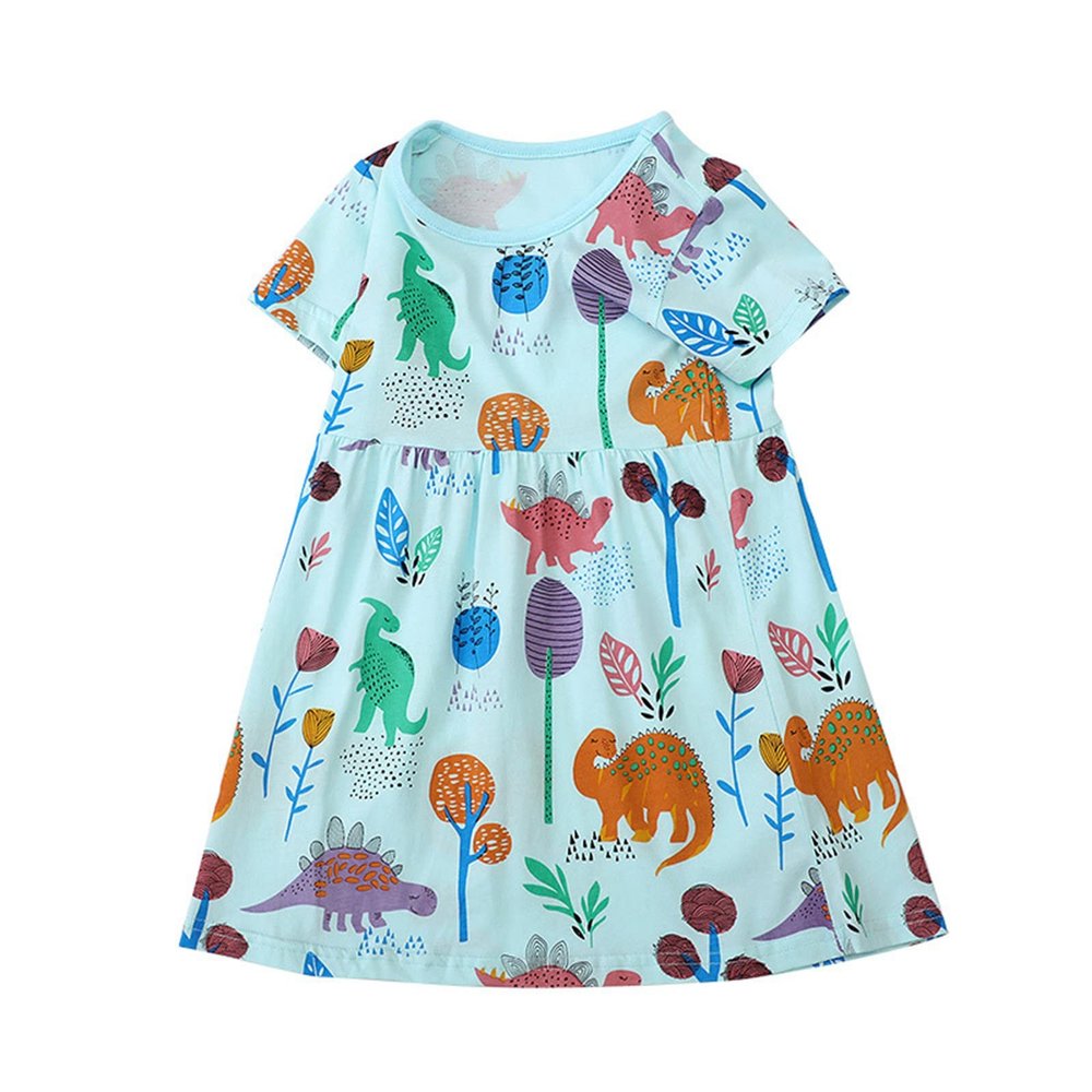 Girls Print Dress Summer Cute Round Neck Cotton Fashion Princess Skirt Children's Skirt Easter Dresses (Blue, 5 Years)