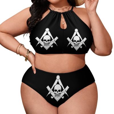 SEPTYK Cool Skull Freemason Logo Pattern Women Sexy Bikini 2 PC Plus Size Swimsuits Hollow Out High Neck Bathing Suit 4XL