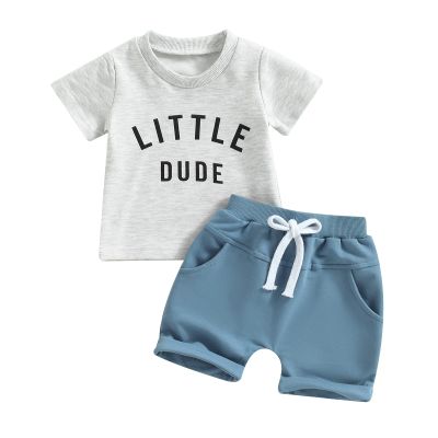 YINGISFITM Baby Boy Clothes Toddler Summer Letter Short Sleeve T Shirts Top Boy Shorts Cute Outfit Infant 2Pcs Set (Little dude grey,2-3T)