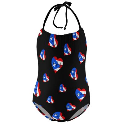Love Puerto Rico Heartbeat Girl's One Piece Swimsuits Beach Sport Halter Bathing Suit Cute Print Swimwear 6-7Y110cm