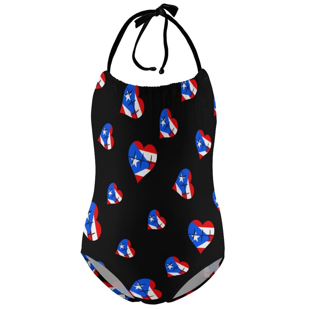 Love Puerto Rico Heartbeat Girl's One Piece Swimsuits Beach Sport Halter Bathing Suit Cute Print Swimwear 6-7Y110cm