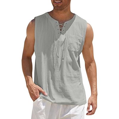 Maiyifu-GJ Men's Casual Cotton Linen Tank Top Sleeveless Lace Up Beach Hippie Tee Fashion V Neck Baggy T Shirt (Light Gray 1,US Size XS Asia S)