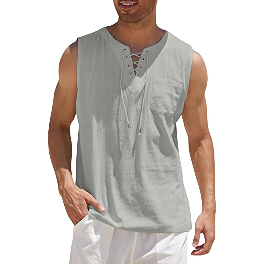 Maiyifu-GJ Men's Casual Cotton Linen Tank Top Sleeveless Lace Up Beach Hippie Tee Fashion V Neck Baggy T Shirt (Light Gray 1,US Size XS Asia S)