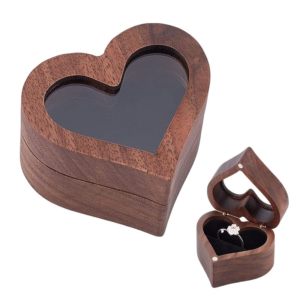BENECREAT Heart Wood Ring Box with Clear Window, Walnut Wooden Presentation Jewelry Box for Wedding Proposal Mother's Day, 2.3x2.1x1.5inch