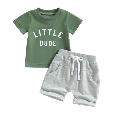 YINGISFITM Baby Boy Clothes Toddler Summer Letter Short Sleeve T Shirts Top Boy Shorts Cute Outfit Infant 2Pcs Set (Little dude army green,0-6 Months)