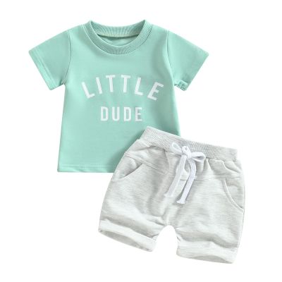 YINGISFITM Baby Boy Clothes Toddler Summer Letter Short Sleeve T Shirts Top Boy Shorts Cute Outfit Infant 2Pcs Set (Little dude green,0-6 Months)