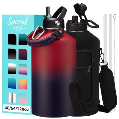 1 Gallon Water Bottle with Straw - 128oz Stainless Steel Water Jug with Sleeve Carrier Bag, Auto Spout Lid, Paracord Handle, Large Insulated Water Bottles Gallon Water Jug, Metal Hydro Thermo Flask